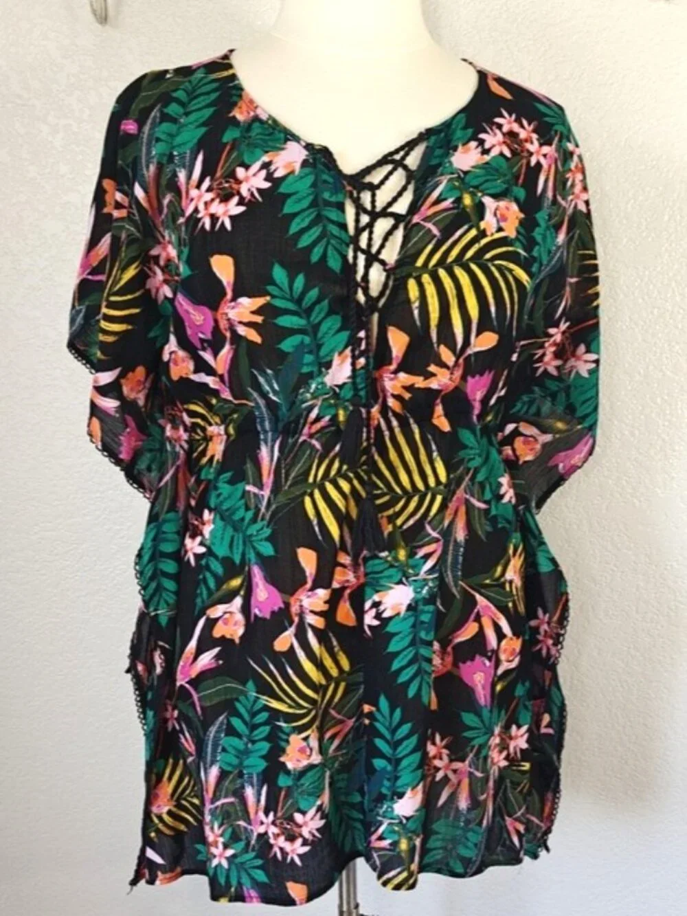 Old Navy Sz L Swim Cover Up Tropical Leaf Crinkle Gauze Caftan